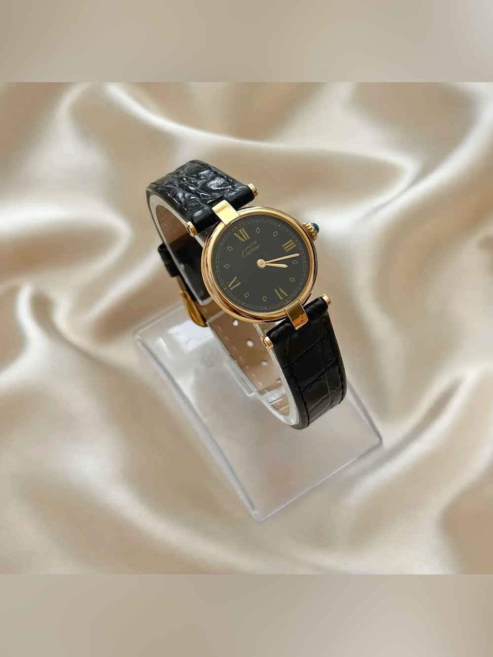 AUTHENTIC VINTAGE CARTIER BLACK LEATHER WATCH - WITH BOX - Picture 4 of 8